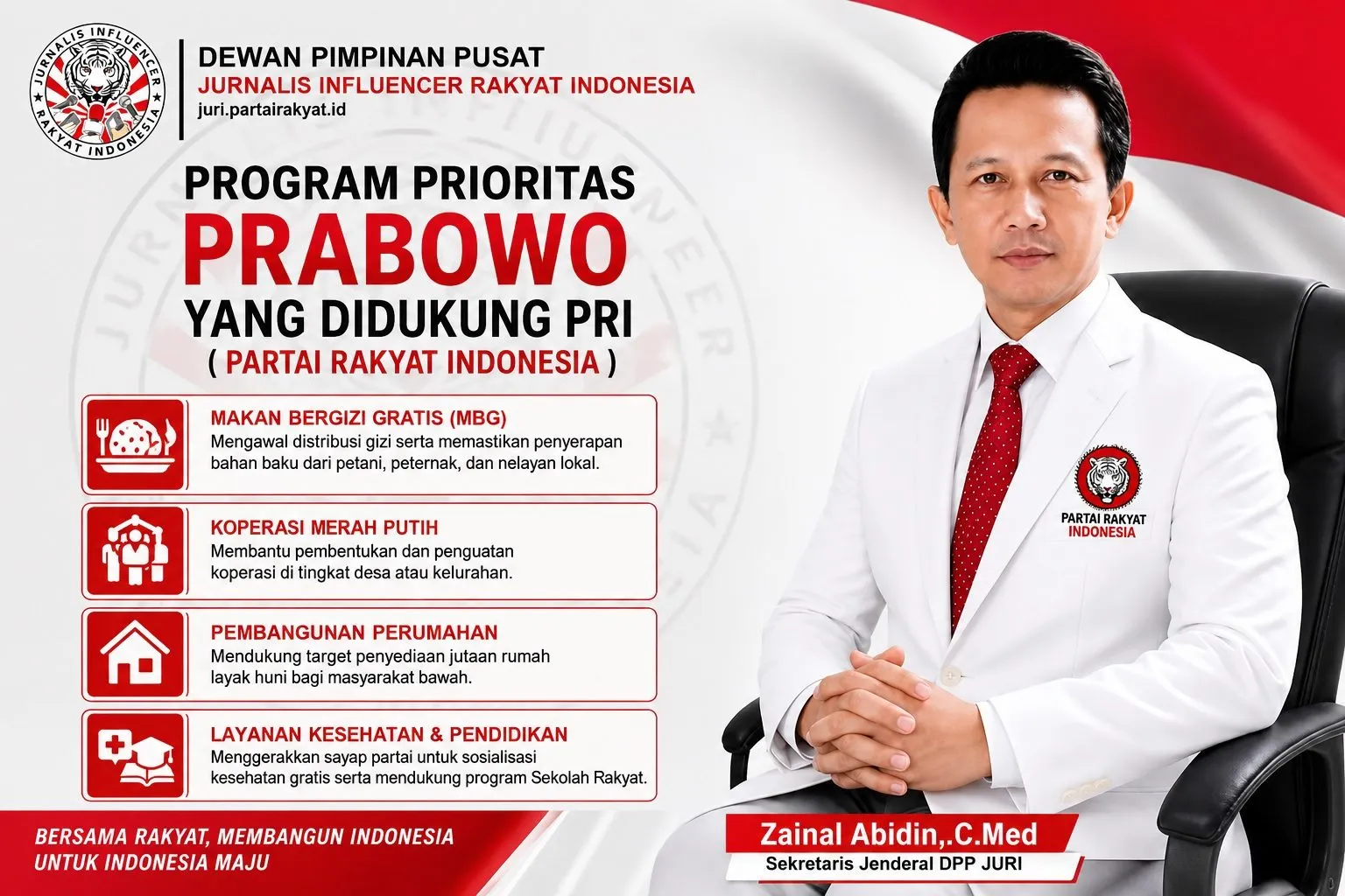 Sekjen DPP JURI Zainal Abidin, C.Med: PRI Berkomitmen Terus Bantu Program Presiden Prabowo Subianto