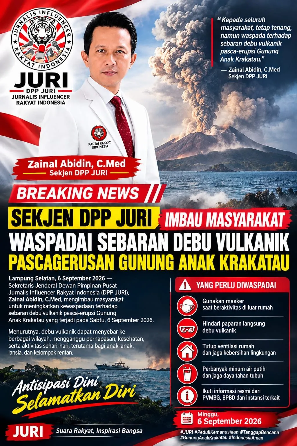Sekjen DPP JURI Imbau Masyarakat Waspadai Sebaran Debu Vulkanik Pascagerusan Gunung Anak Krakatau